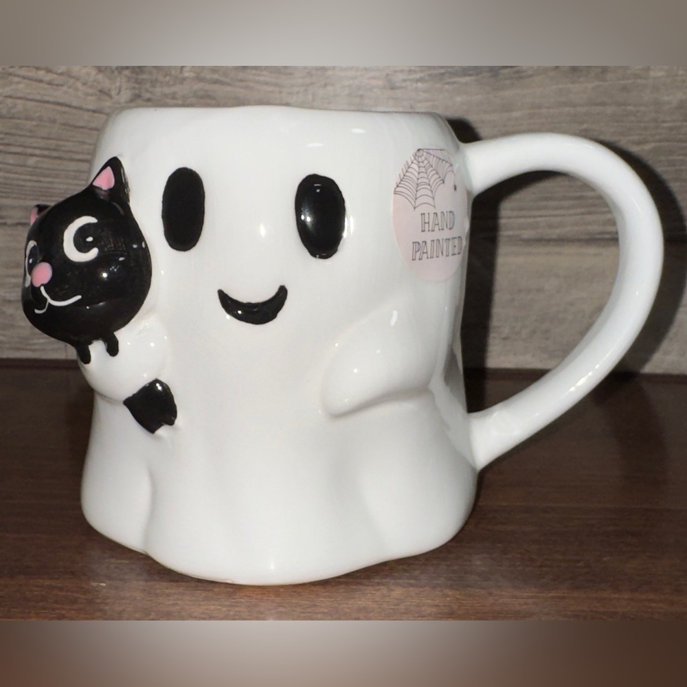 Super Cute 🥰 Spooky 👻 Friendly Ghost 👻 Holding Black Cat 🐈⬛ Sculpted Mug - New